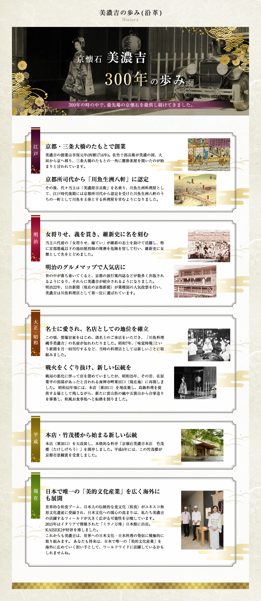 京懐石美濃吉300年の歩み。300年の時の中で、最先端の京懐石を提供し続けてきました。江戸。京都・三条大橋のたもとで創業。美濃吉の創業は享保元年(西暦1716年)。佐竹十郎兵衛が美濃の国、大垣から京へ移り、三条大橋のたもとの一角に腰掛茶屋を開いたのが始まりと言われています。京都所司代から「川魚生洲八軒」に認定。その後、代々当主は「美濃屋吉兵衛」を名乗り、川魚生洲料理屋として、江戸時代後期には京都所司代から認定を受けた川魚生洲八軒のうちの一軒として川魚を主体とする料理屋を営むようになりました。明治。女将りせ、義を貫き、維新史に名を刻む当主六代前の「女将りせ、嫁てい」が維新の志士を助けて活躍し、特に宮部鼎蔵以下の池田屋烈師の埋葬を危険を冒して行い、維新史に女傑として名をとどめました。明治のグルメマップで人気店に世の中が落ち着いてくると、京都の旅行案内誌などが数多く出版されるようになり、それらに美濃吉が紹介されるようになりました。明治22年、日出新聞（現在の京都新聞）が業種別の人気投票を行い、美濃吉は川魚料理店として第一位に選ばれています。大正・昭和。名士に愛され、名店としての地位を確立。この頃、賀陽宮家をはじめ、諸名士のご来店をいただき、「川魚料理縄手美濃吉」の名前が知れわたりました。昭和7年、｢味覚時報｣という新聞を月一回刊行するなど、当時の料理店としては新しいことに取組みました。戦火をくぐり抜け、新しい伝統を戦局の悪化に伴って店を閉めていましたが、昭和25年、その昔、在原業平の別邸があったと言われる南禅寺畔粟田口（在地）に再開しました。昭和42年頃には、本店（粟田口）を増改築し、高級料理を提供する場として残しながら、新たに富山県の越中五箇山から合掌造りを移築し、和風お食事処へと転換を図りました。平成。本店・竹茂楼から始まる新しい伝統本店（粟田口）を大改装し、本格的な料亭「京懐石美濃吉本店　竹茂楼（たけしげろう）」を開亭しました。平成6年には、この竹茂楼が京都市景観賞を受賞しました。現在。日本で唯一の「美的文化産業」を広く海外にも展開世界的な和食ブーム、日本人の伝統的な食文化（和食）がユネスコ無形文化遺産に登録され、日本文化への関心の高まりは、私たち美濃吉の活躍するフィールドが大きく広がる可能性を示唆しています。 2015年はイタリアで開催された「ミラノ万博」日本館に出店。KAISEKIが好評を博しました。これからも美濃吉は、世界への日本文化・日本料理の発信に積極的に取り組みます。あなたも将来は、日本で唯一の「美的文化産業」を海外に広めていく担い手として、ワールドワイドに活躍しているかもしれませんね。